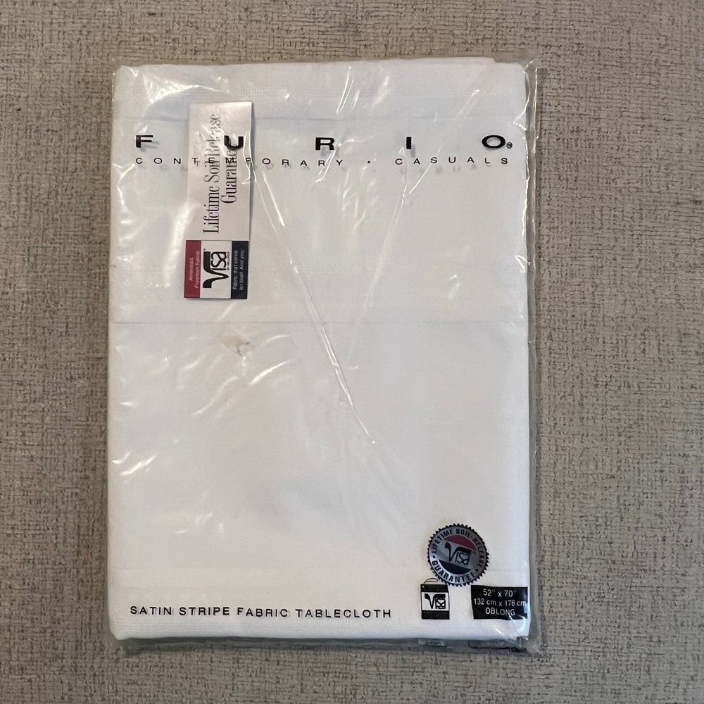 Furio White Satin‎ Stripe Fabric Tablecloth 52x70 Oblong Visa Polyester USA Made